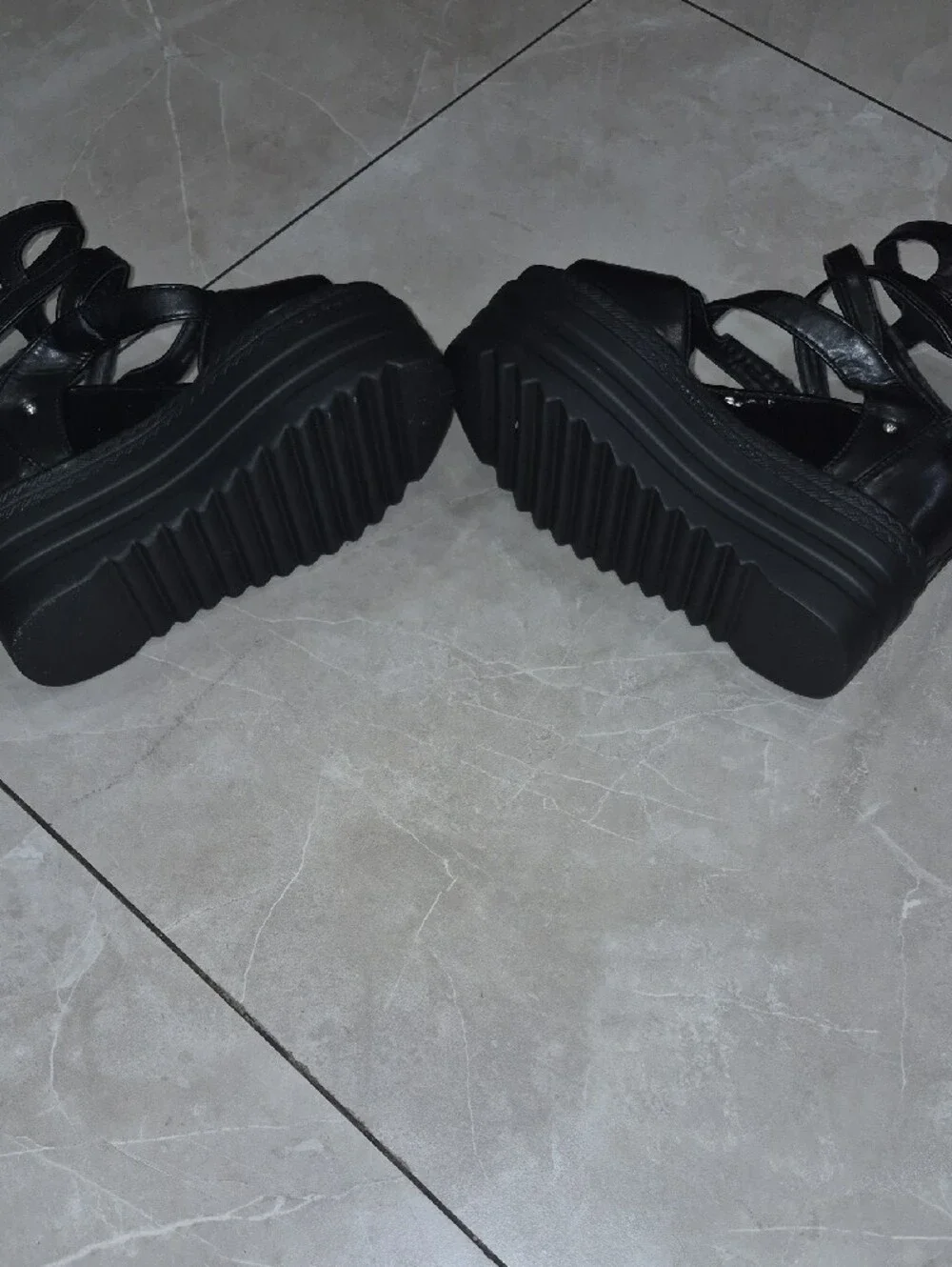 Black Strappy Platform Wedge Sandals with Back Zip - Women